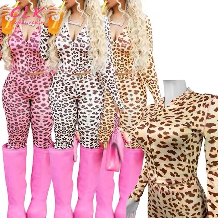 2025 Fashion Female Outfits Jogger Set pink Leopard Print Hoodie Set Two Piece Flared Pant Set