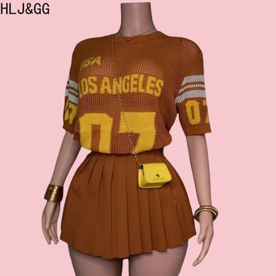 Summer New Mesh Letter Print Mini Pleated Skirts Two Piece Sets Women Round Neck Short Sleeve Slim Top And Skirts Outfits