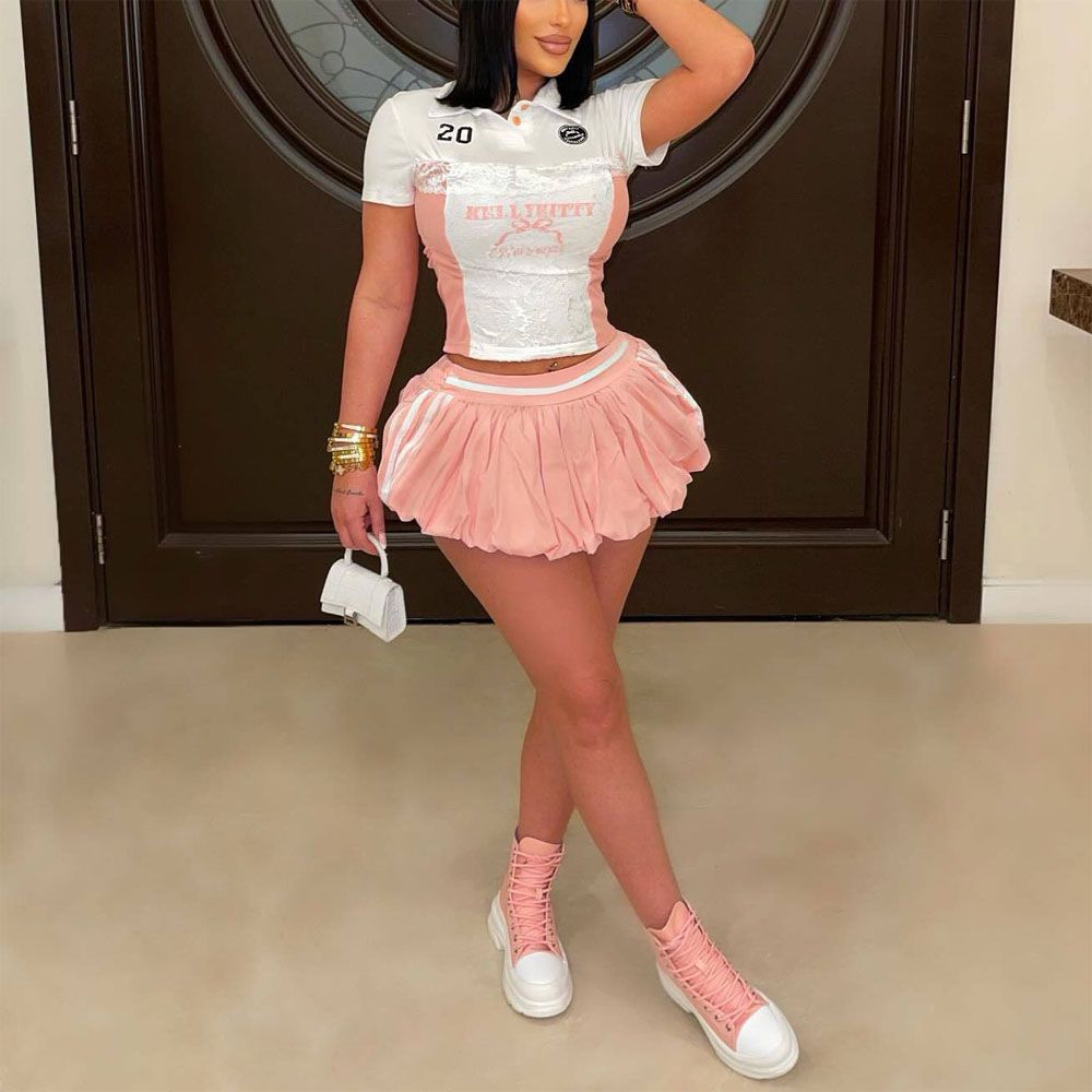 2 Pieces Sets Woman Outfits Shirts &amp; Mini Skirts Letter Printed Girls Evening Night Out Wear Club Cloth Summer Mini Skirts Sets