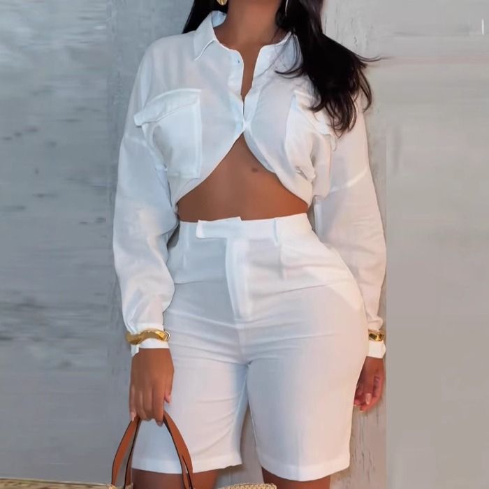 Elegant Two Piece Set Woman Summer 2025 New Solid Loose Long Sleeved Waist Revealing Shirt and High Waisted Half Pants Suit