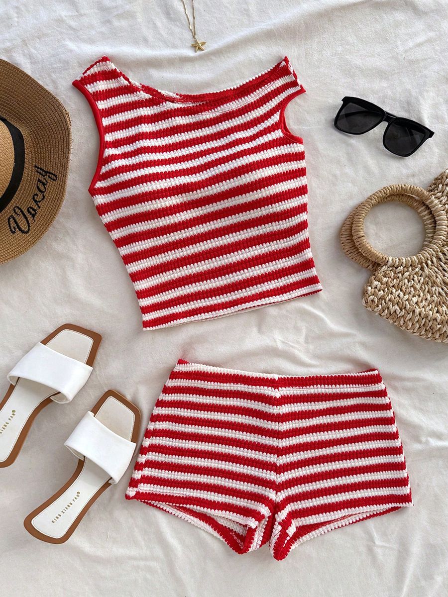 Striped Patchwork 2 Piece Sets Woman Outfit Slanted Shoulder Vest and Shorts Suit Female Streetwear Clothing Summer New