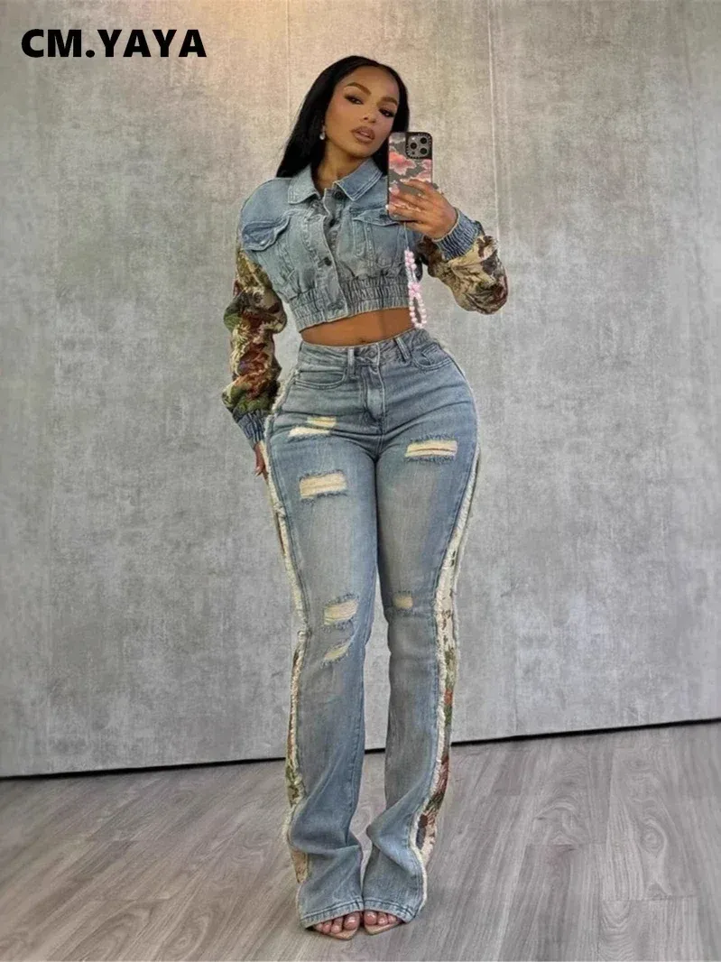 Denim Women&#39;s Set Floral Patchwork Full Sleeve Button Fly Jacket and Ripped Jeans Pants Suit Two 2 Piece Set Outfit