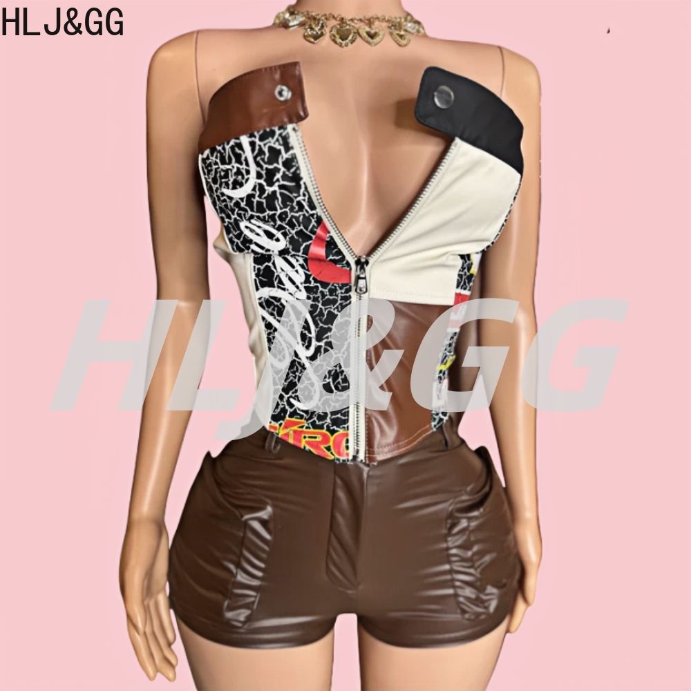 Y2K Fashion Leather Cargo Shorts Two Piece Sets Women Off Shoulder Zip Slim Crop Top And Shorts Outfits Streetwear