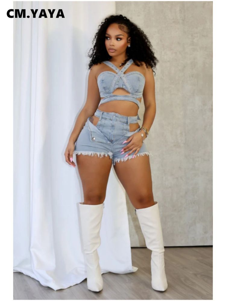 Denim Cutout Women&#39;s Set Wrap Strap Crop Top and Shorts Jeans 2025 Summer Two 2 Piece Sets Outfits