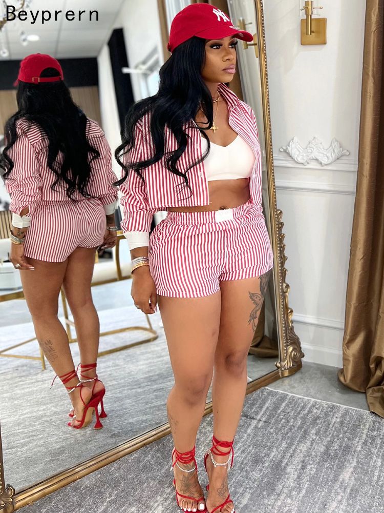 Women&#39;s Red Striped Blouse Shirt Top And Matching Shorts Set Summer Tracksuits Set 2 Piece Outfits