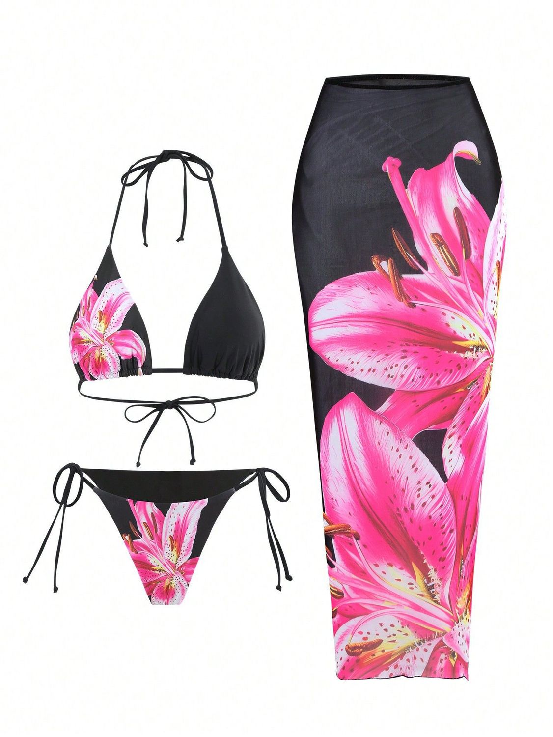 2025 New Flower Print Bikini Set Women&#39;s High Waist Long Skirt 3 Piece Swimsuit Sexy Mini Triangle Backless Thong Bathing Suit