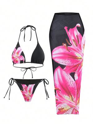 2025 New Flower Print Bikini Set Women&#39;s High Waist Long Skirt 3 Piece Swimsuit Sexy Mini Triangle Backless Thong Bathing Suit