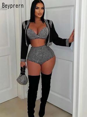Rhinestone Jacket Bra Top And Matching Shorts Set 3 Pieces Outfits For Women Sparkle Crystal Nightclub Set