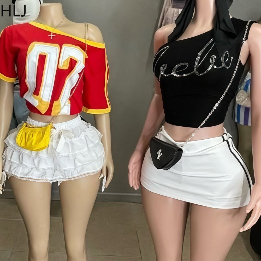 Y2k Fashion 2 Piece Sets Woman Outfit Sleeveless Sequins Patchwork Short Sleeve Crop Top + Mini Skirt  Female Streetwear New
