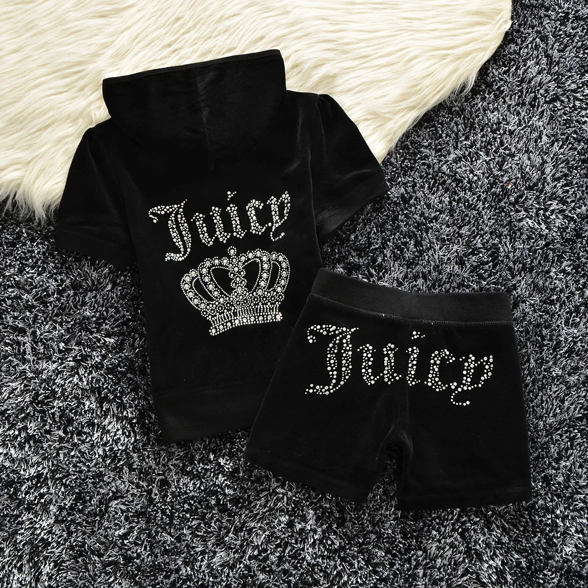 Summer Velour Juicy Tracksuit Women 2025 Summer Velvet Casual Outfit Set Zipper Sweater and Shorts Jogger Workout Clothing