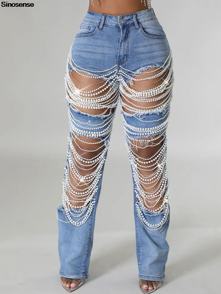 Women&#39;s Destroyed Ripped Hole Denim Pants Pearl Rhinestones Chain Distressed Slim Fit Skinny Jeans Y2K Night Club Party Jeans