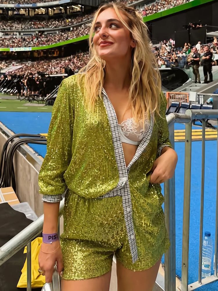 Sequins Patchwork 3 Piece Set Women Streetwear Outfits Contrast Color Single-breasted Shirt Loose Pants And Shorts Sets Sold Separately