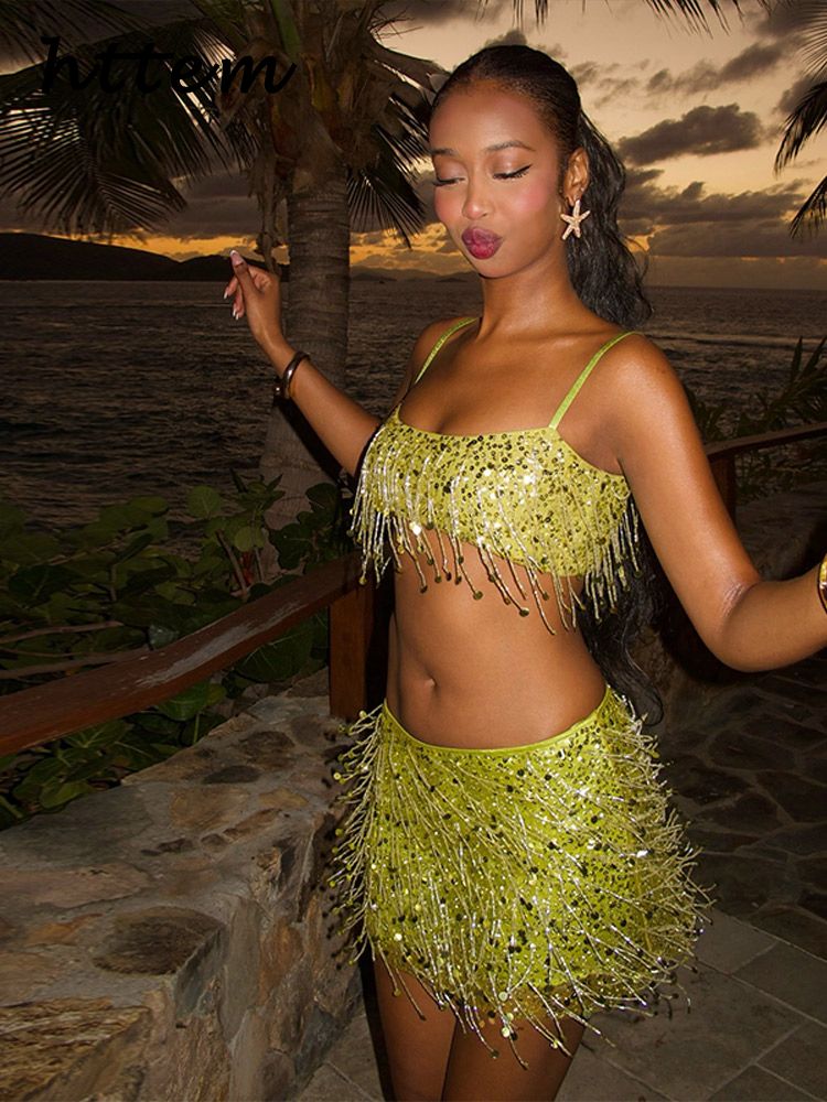 Sexy Tassel Sequins Vest Mini Skirt Women Crop Sling Vests Short Hip Package A-line Skirts 2025 Summer Lady Beach Party Outfits