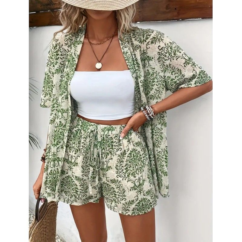 2025 Vacation Style Summer Outfits Women&#39;s Loose Short Sleeve Cardigan Shirt and Shorts Two Piece Sets Ladies Print Casual Suit