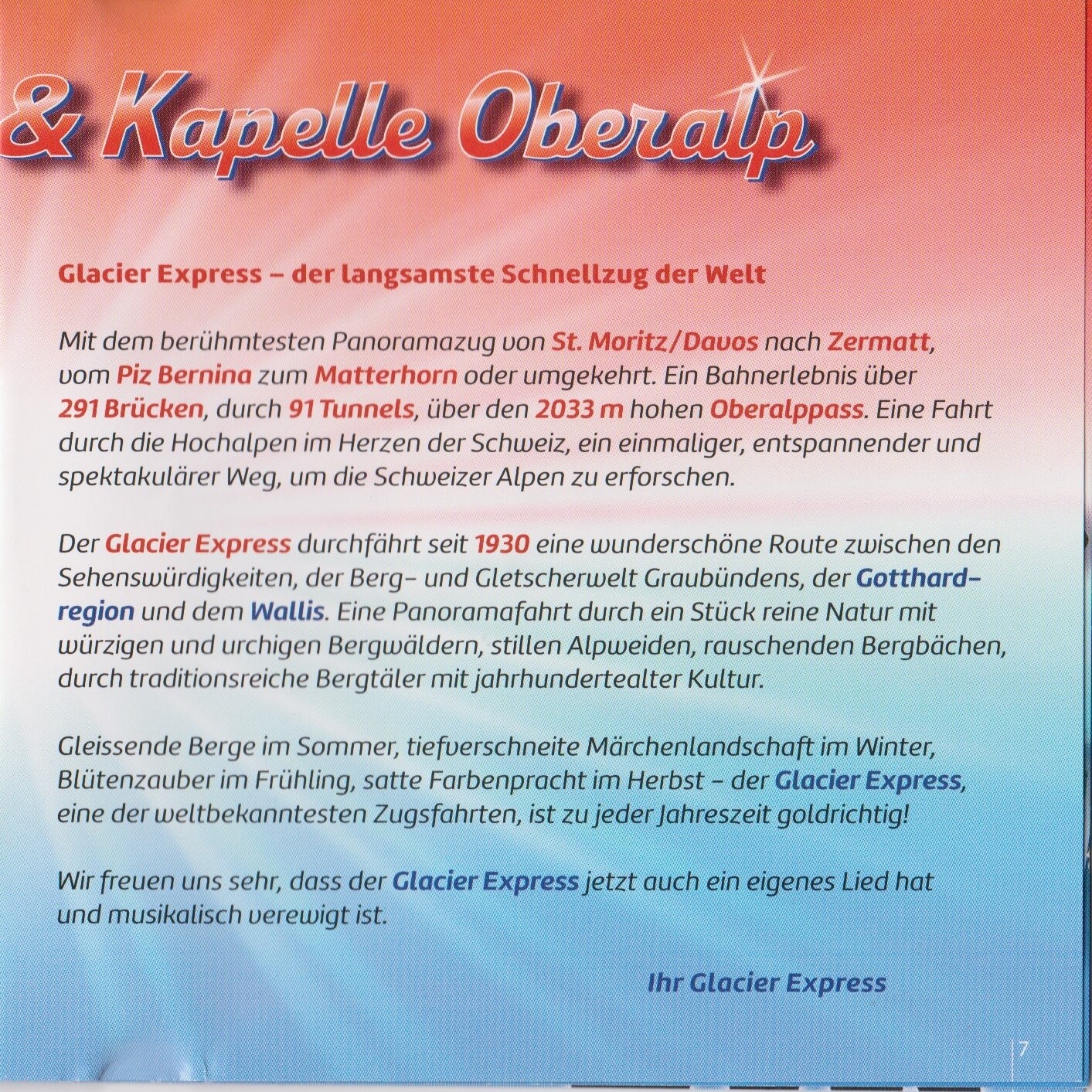 Chörli Melody &amp; Kapelle Oberalp Titel Glacier Express