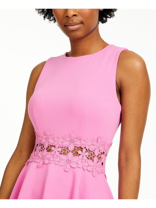 ​B DARLIN Womens Pink Stretch Ruffled Zippered Floral Lace Illusion Waist Sleeveless Crew Neck Short Party Fit + Flare Dress
