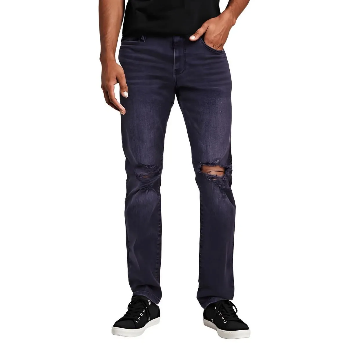 Lazer Mens Black Mid Rise Destroyed Denim Slim Jeans 36/30