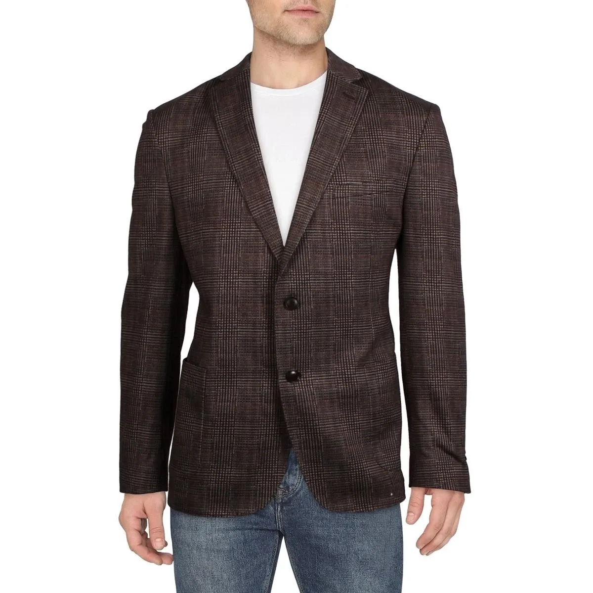 Bar III Mens Brown Plaid Sportcoat 46R