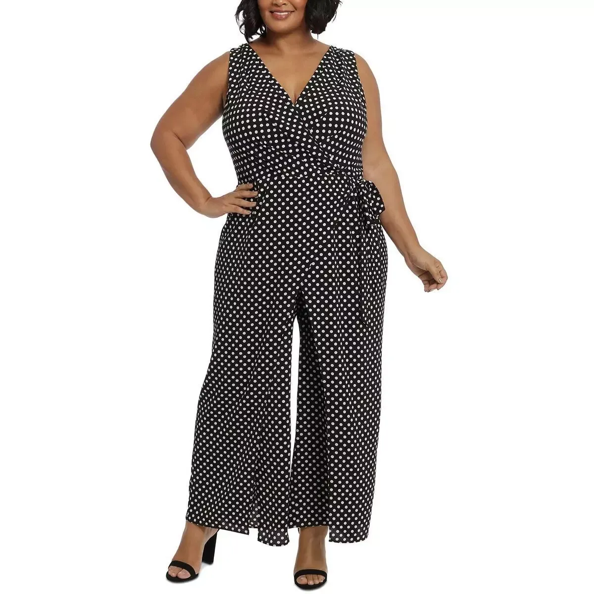 London Times Womens Navy Crepe V-Neck Wide Leg Jumpsuit Plus 24W