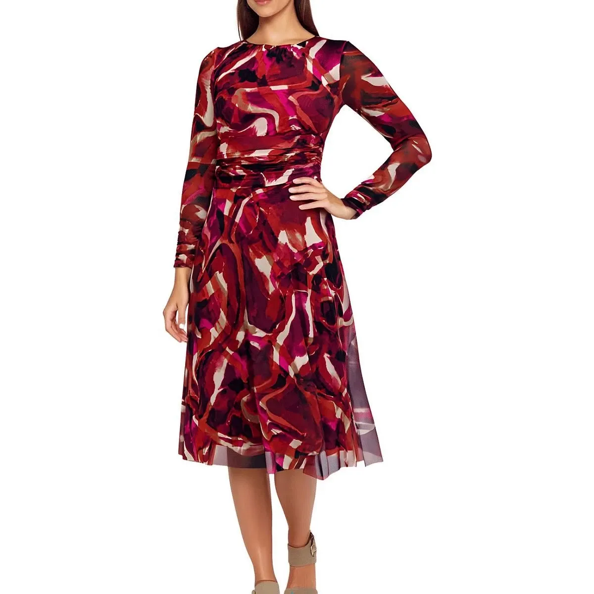 Jessica Howard Womens Red Printed Mesh Midi Dress 10