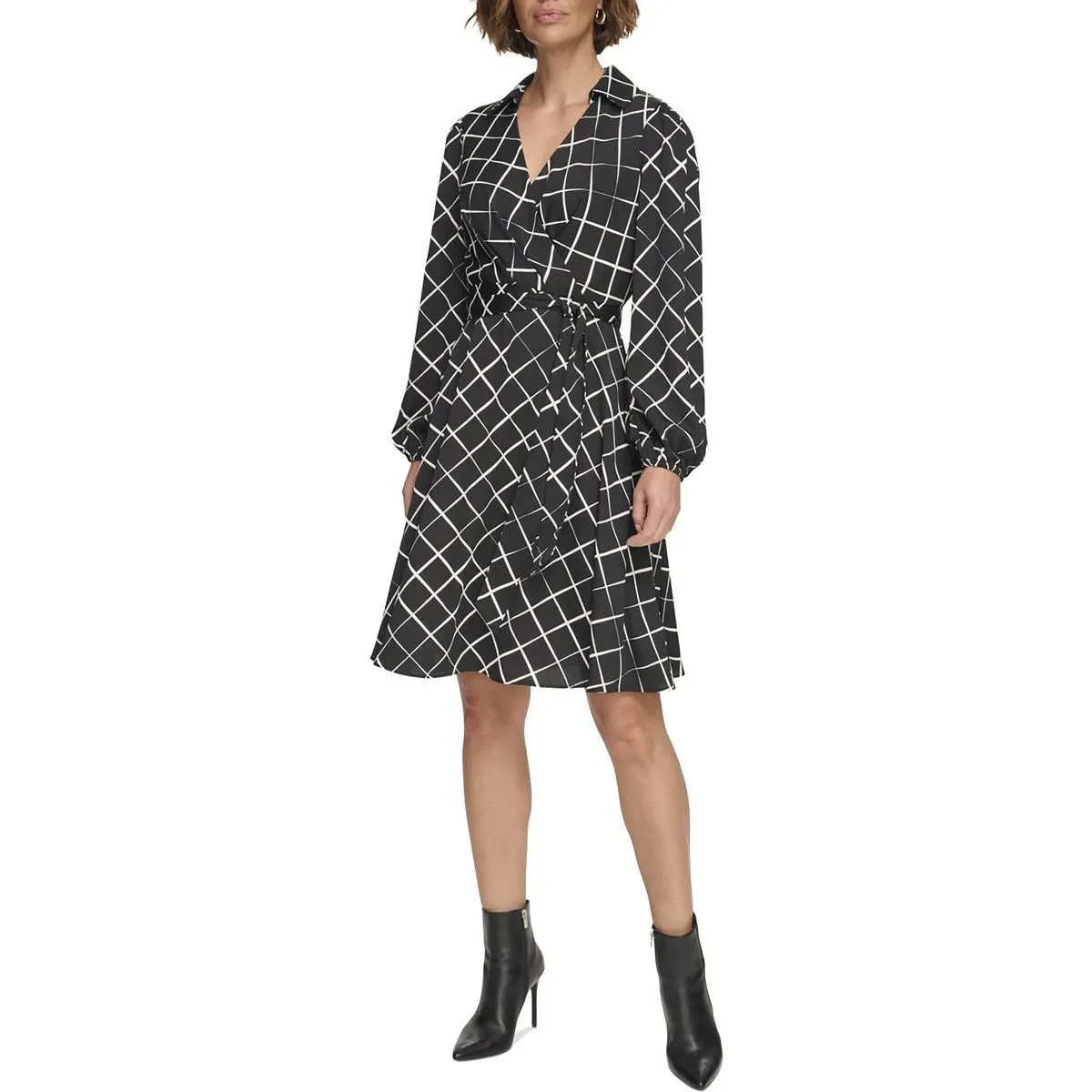Dkny Women&#39;s Collared V-Neck Balloon-Sleeve Belted Dress - Black/Cream 4