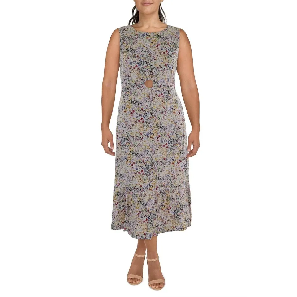 Nanette Lepore Womens Linen Blend O-Ring Sleeveless Midi Dress