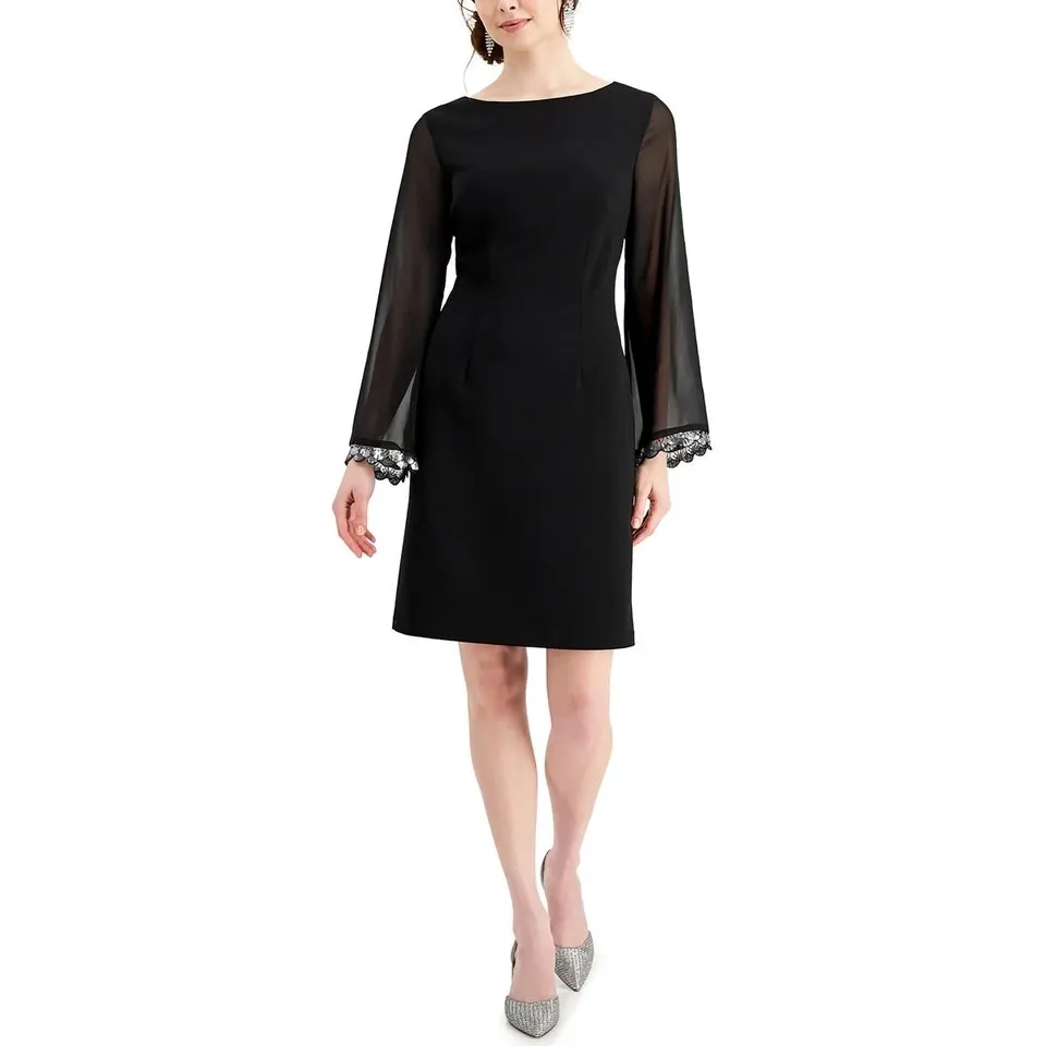 Connected Apparel Womens Black Boatneck Sheer Sleeves Sheath Dress 4