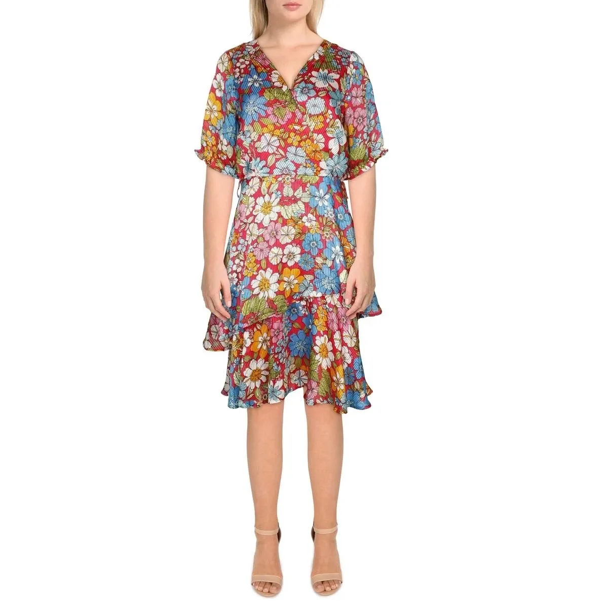 Tahari ASL Womens Pink Daytime Faux-Wrap Floral Print Shift Dress 10