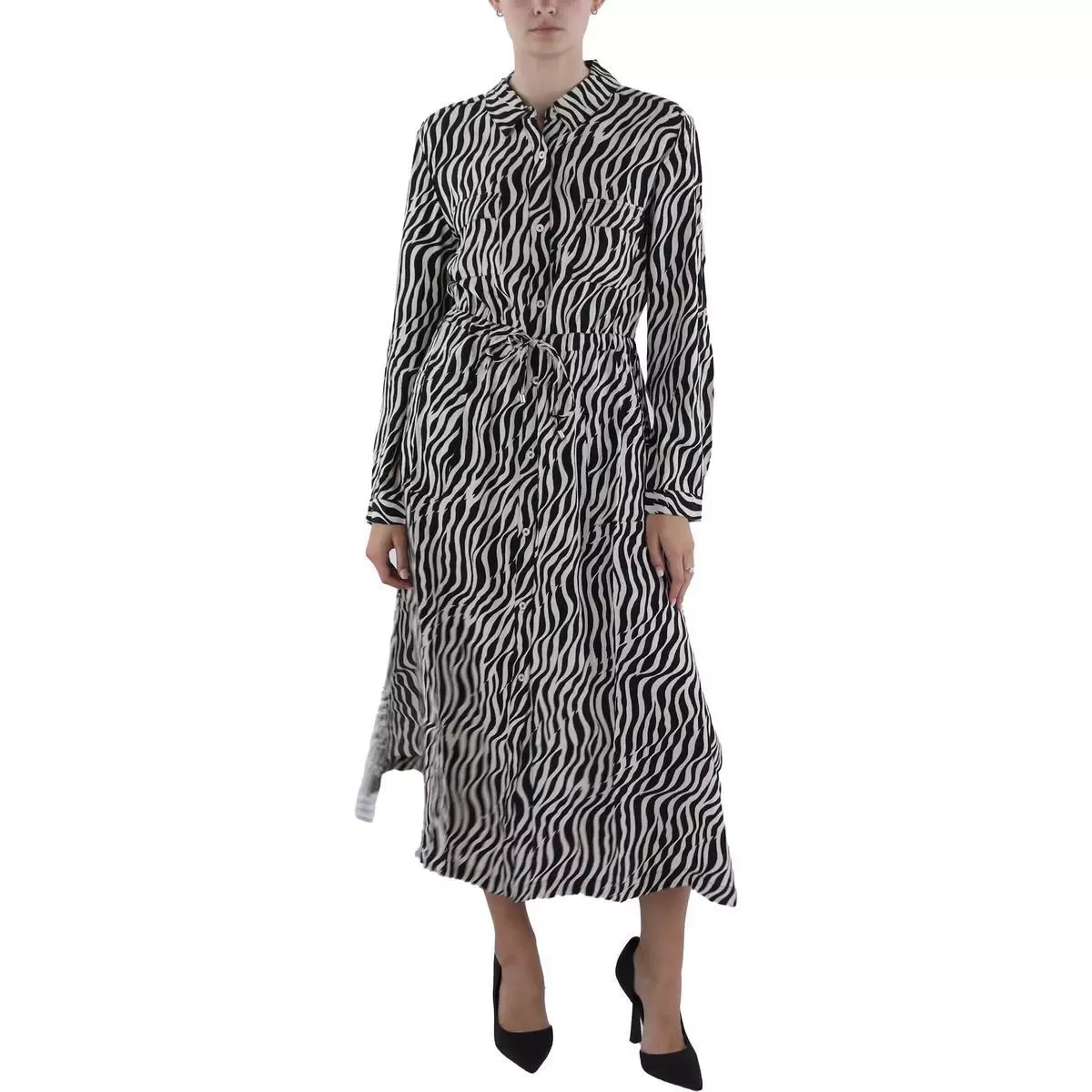 French Connection Womens Tea Length Animal Print Shirtdress