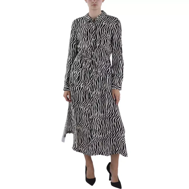 French Connection Womens Tea Length Animal Print Shirtdress