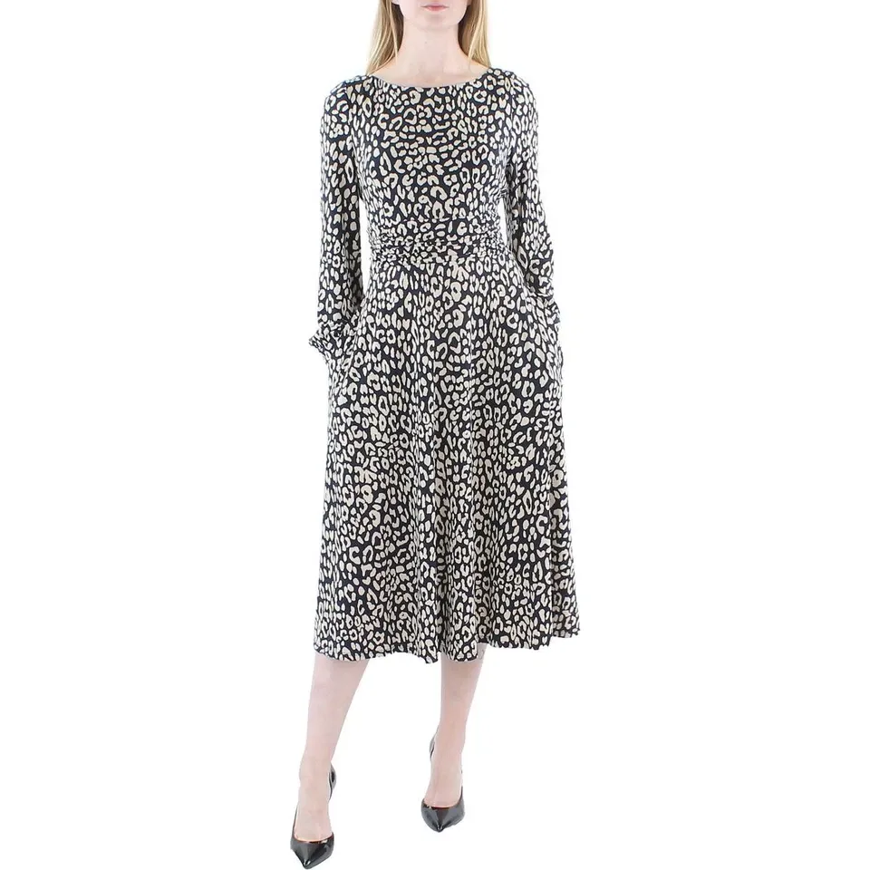 Jessica Howard Womens Navy Leopard Print Ruched Midi Dress 6