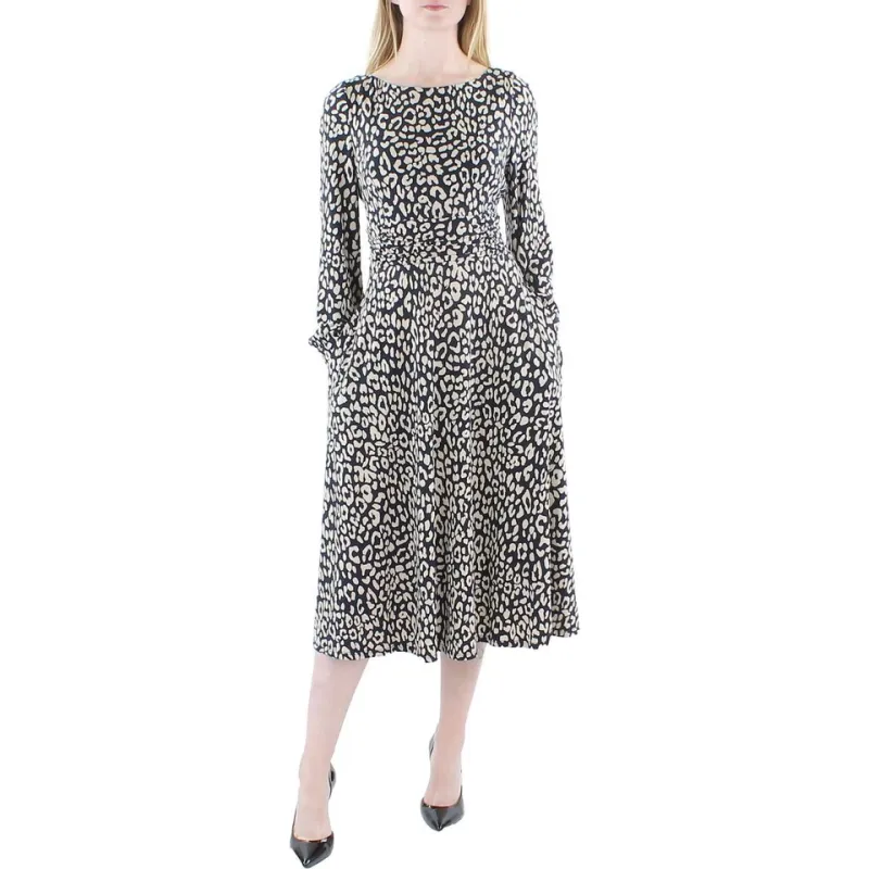 Jessica Howard Womens Navy Leopard Print Ruched Midi Dress 6
