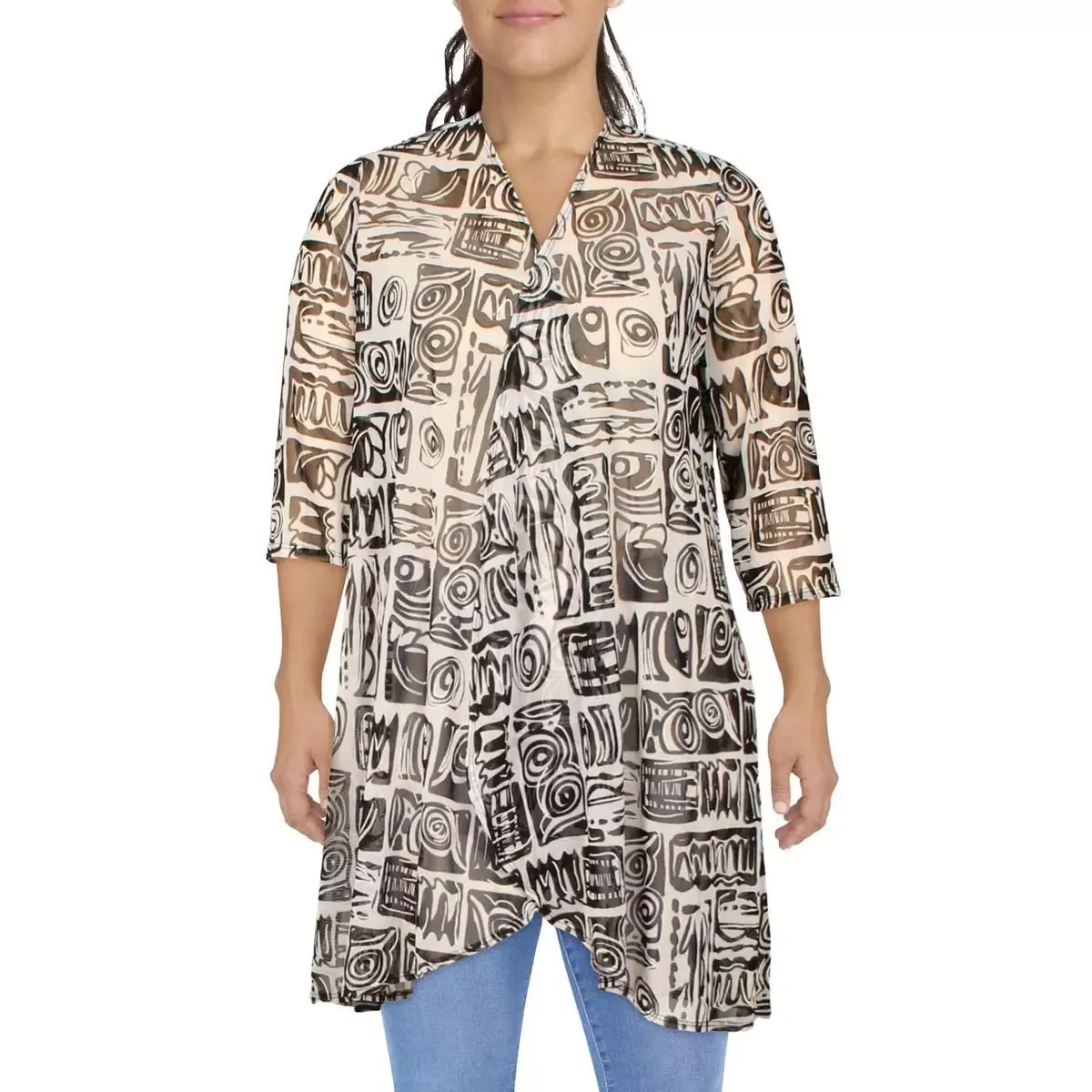 R&amp;M Richards Womens Black-Ivory Mesh Printed Duster Blazer Jacket 8