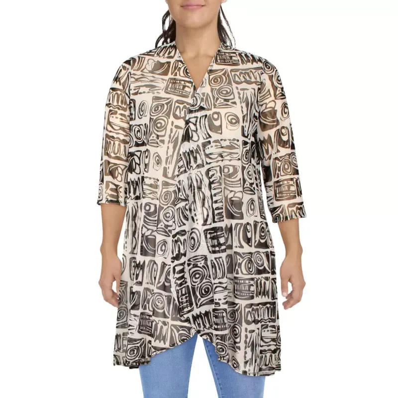 R&amp;M Richards Womens Black-Ivory Mesh Printed Duster Blazer Jacket 8