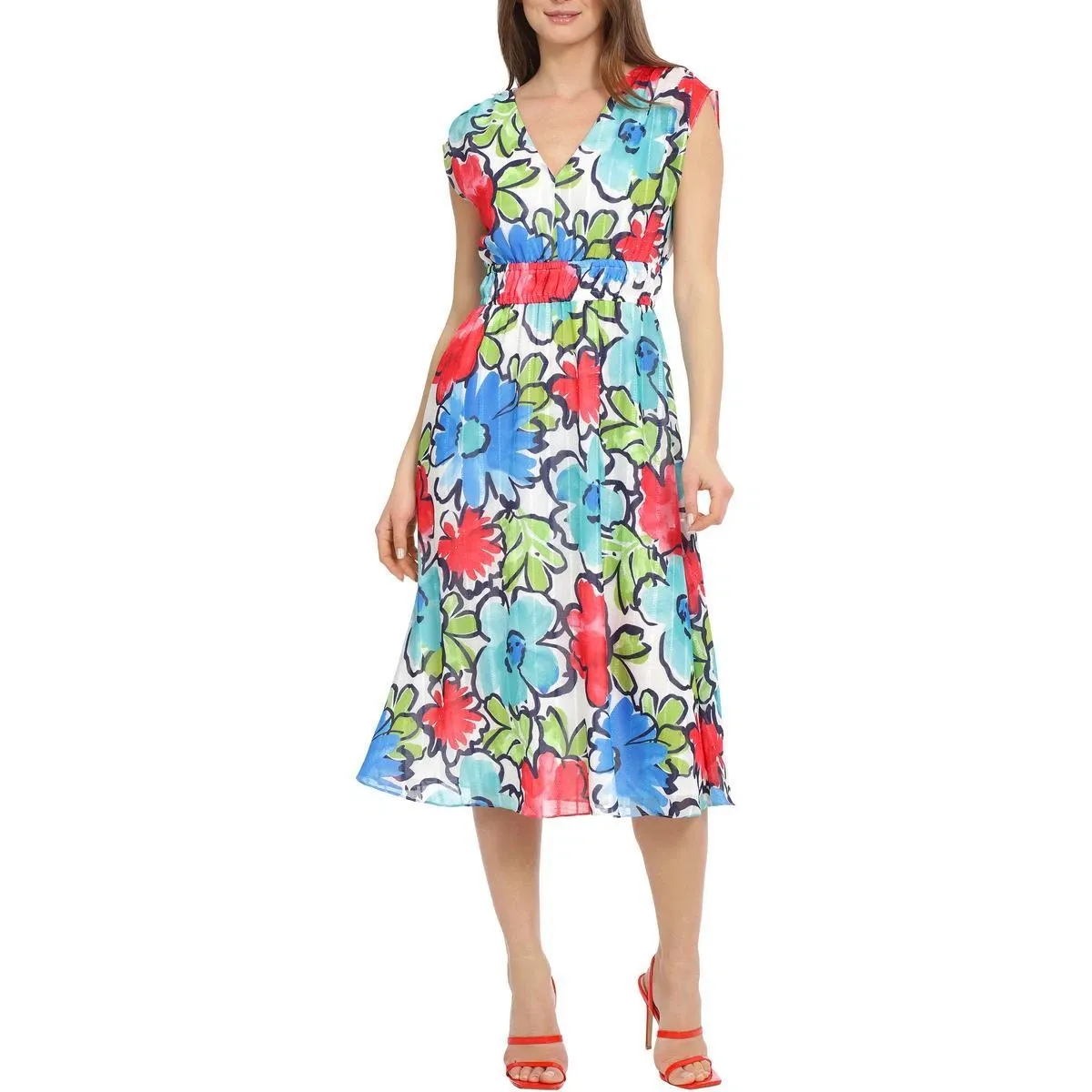 Maggy London Womens White Floral V-Neck Daytime Midi Dress 10