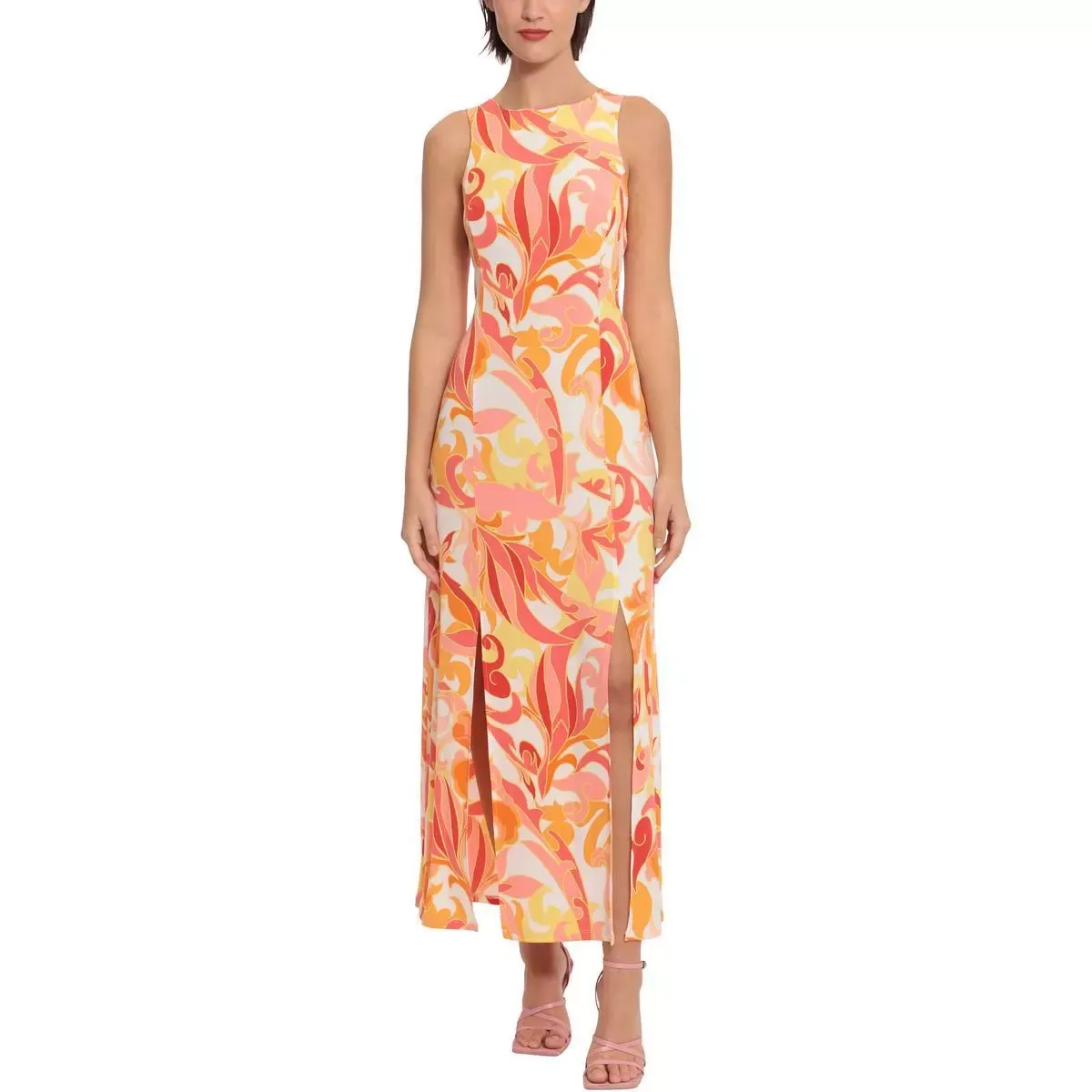 Donna Morgan Womens Orange Printed Sleeveless Long Maxi Dress 2