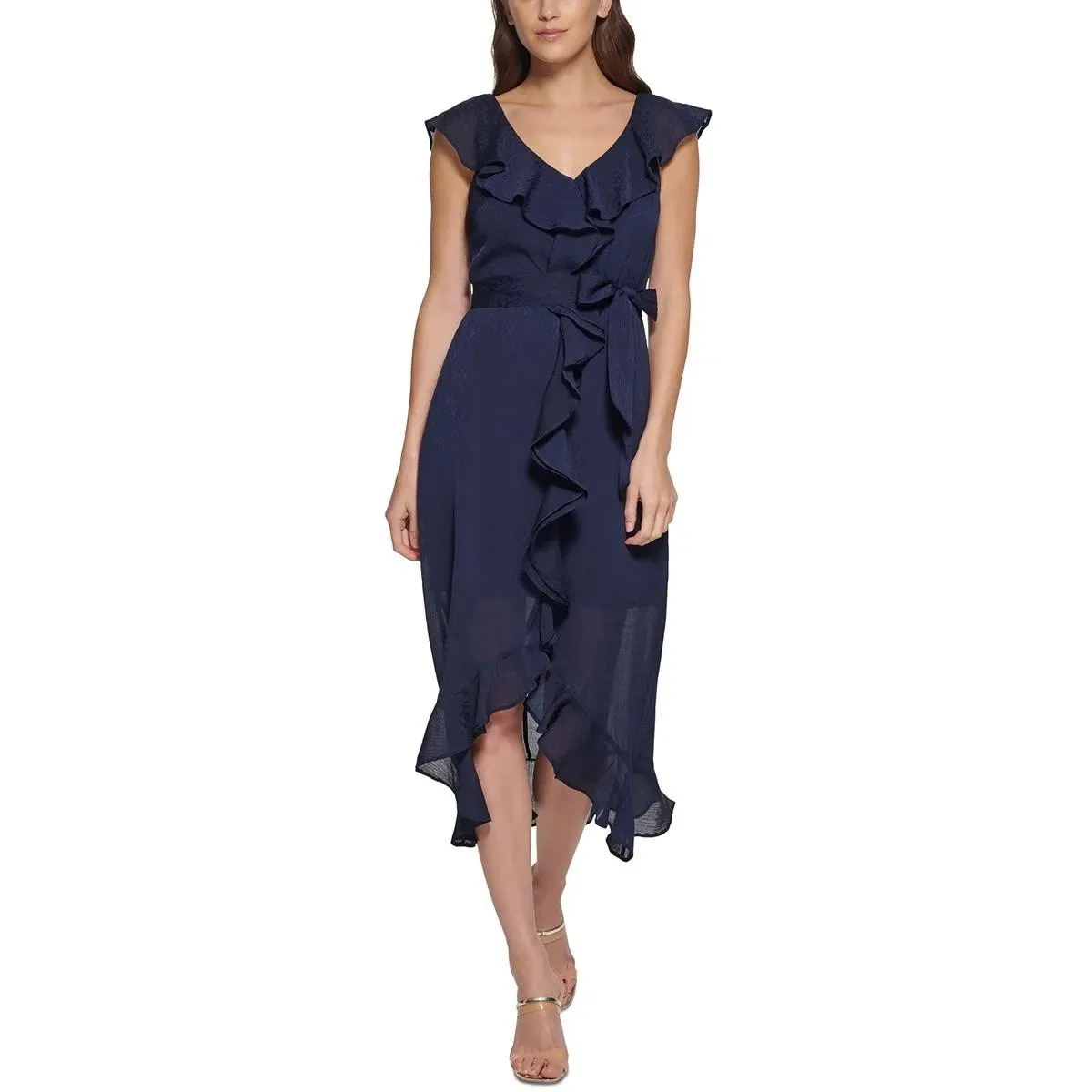 DKNY Womens Navy Ruffled Mid-Calf Work Wear Midi Dress 2