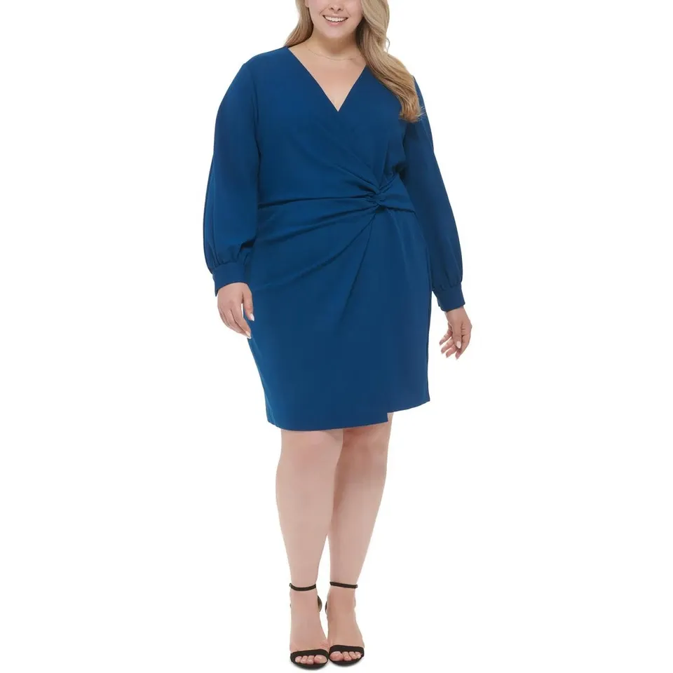 DKNY Womens Blue Solid Crepe Midi Dress Plus 14W
