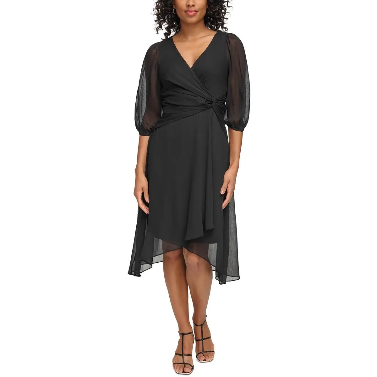 DKNY Womens Black Gathered Chiffon Midi Dress 8