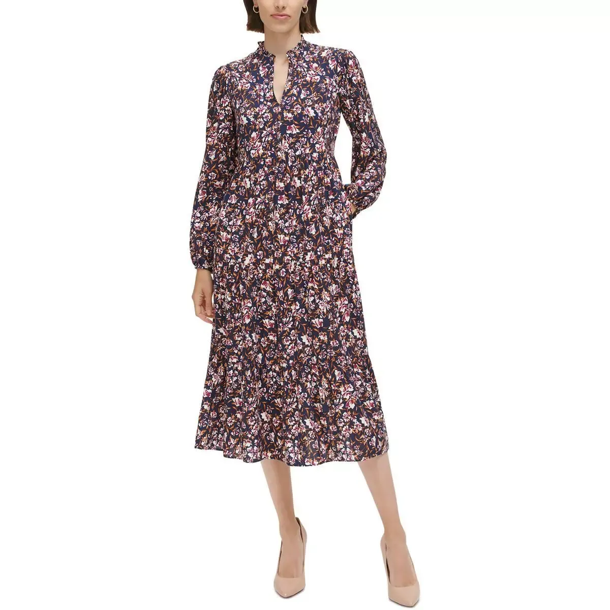 Jessica Howard Womens Blue Floral Print Split Neck Midi Dress 8