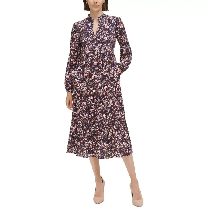 Jessica Howard Womens Blue Floral Print Split Neck Midi Dress 8