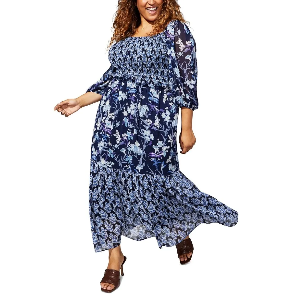 Taylor Womens Blue Ruched Tiered Floral Maxi Dress 20W