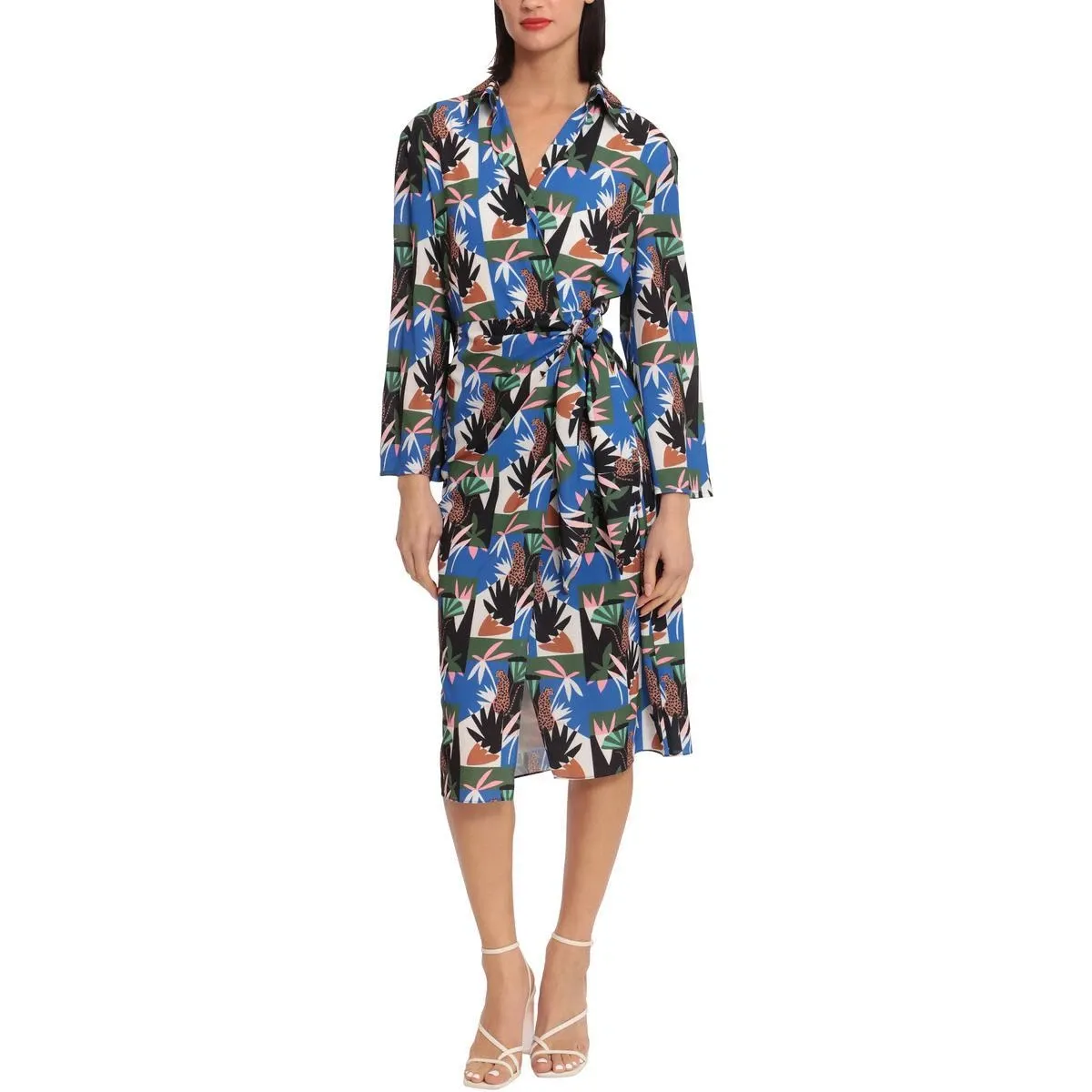 Donna Morgan Womens Blue Printed Collared Midi Wrap Dress 2