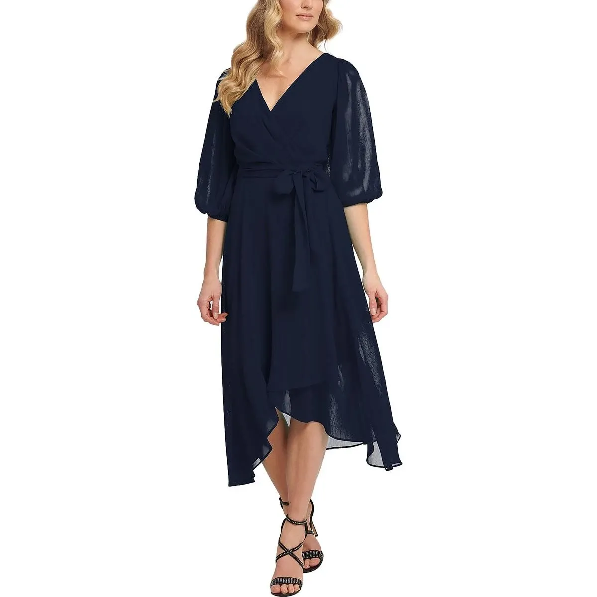 DKNY Womens Navy Chiffon Faux Wrap Party Midi Dress 2