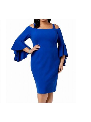 R&amp;M RICHARDS Womens Bell Sleeve Jewel Neck Midi Party Sheath Dress Plus