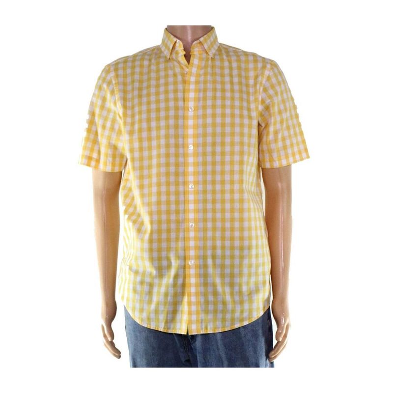 CLUBROOM Mens Yellow Multi-Check Collared Classic Fit Dress Shirt XL