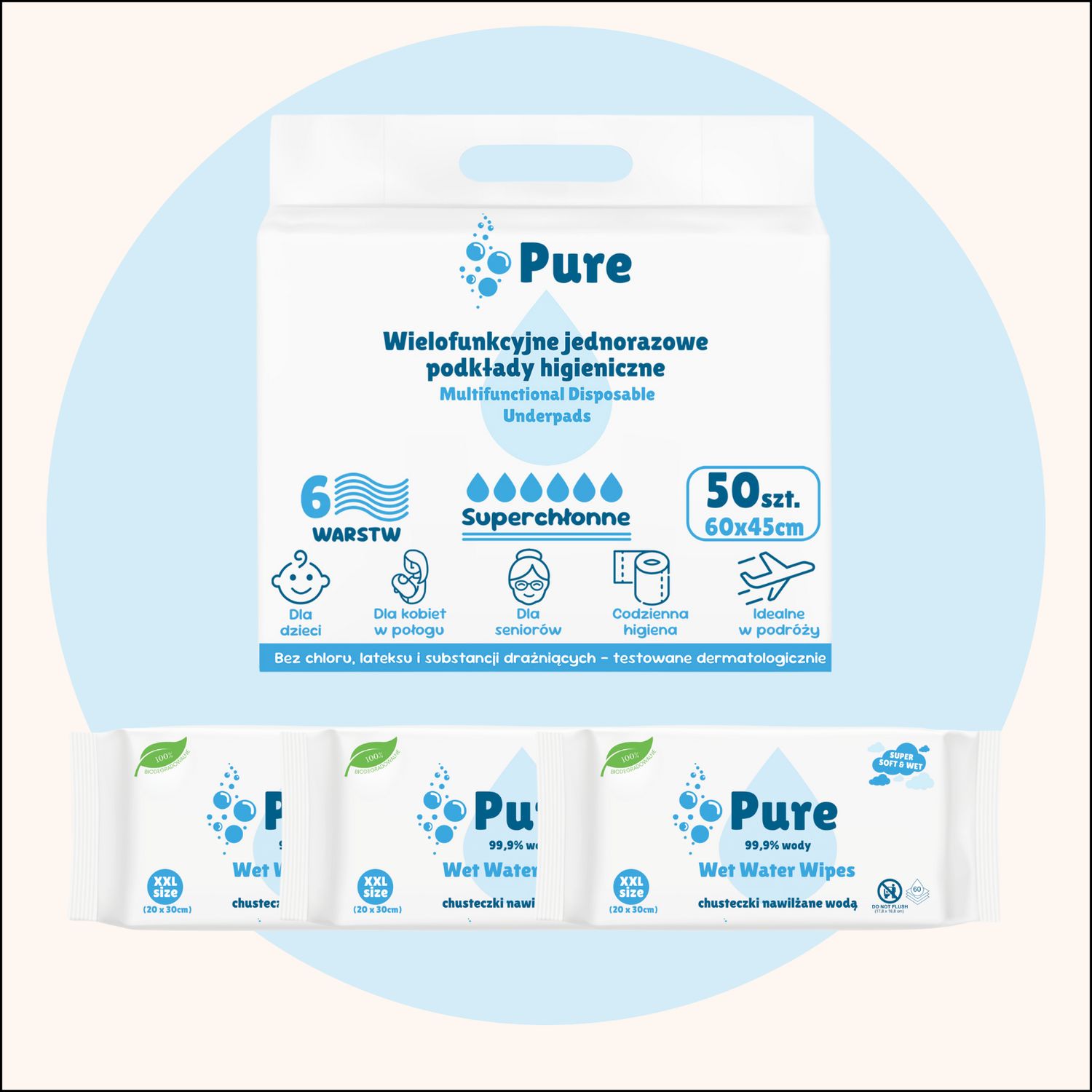 Podkłady 45x60 cm + 3 paczki chusteczek XXL
