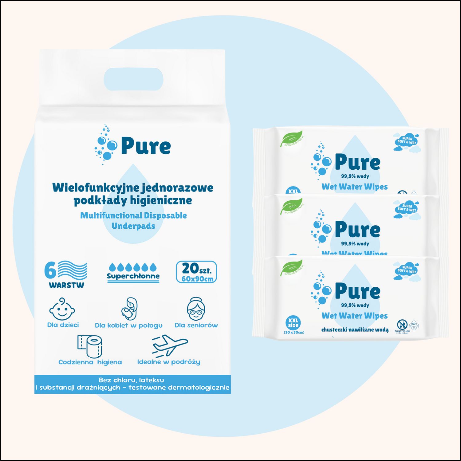 Podkłady 90 x 60 cm + 3 paczki chusteczek XXL