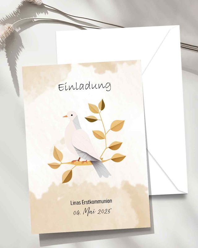 Kommunion Einladungskarte Symbol Taube Effekt Aquarell  Papier Karte mit Umschlag