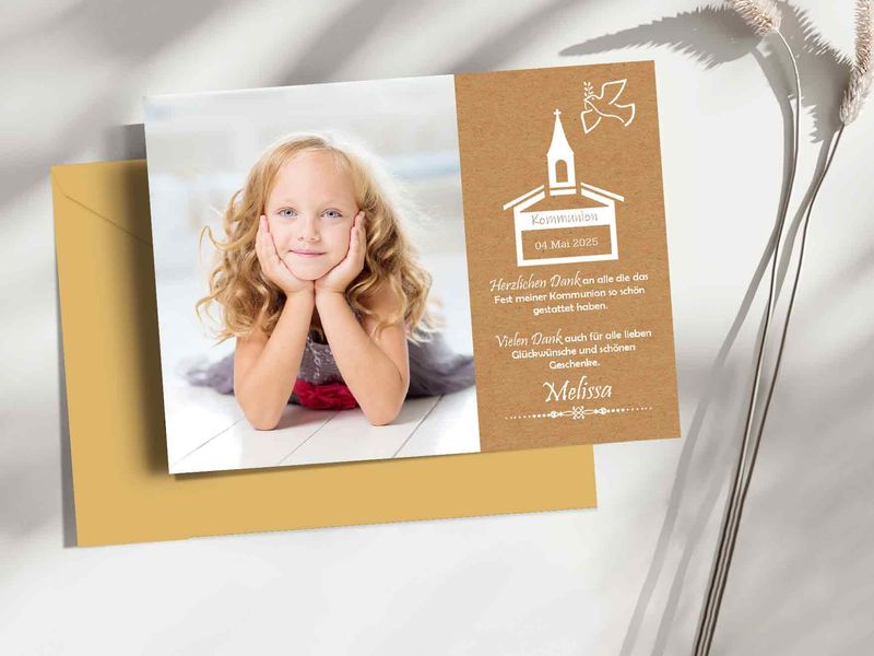 Dankeskarte Kommunion mit Personalisierte Foto und Text -  Papier Karte mit Umschlag